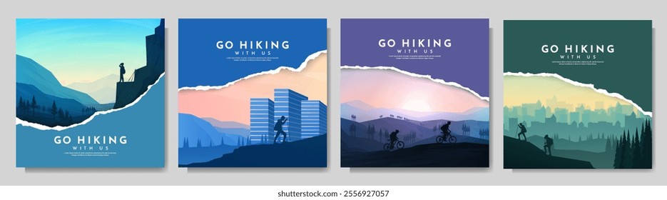 Vector illustration with torn paper overlay effect. Travel concept of discovering, exploring and observing nature. Hiking, climbing, adventure tourism concepts. Square backgrounds set. Flat landscape