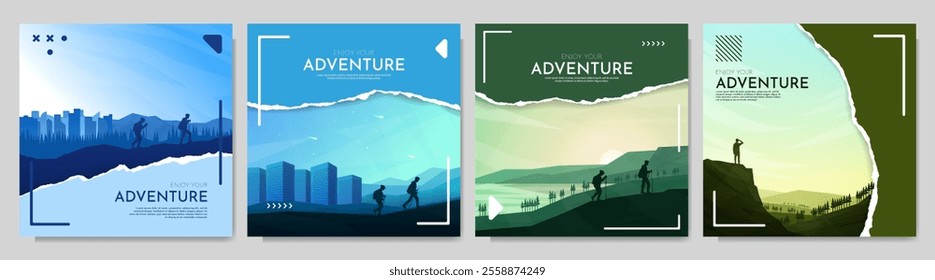 Vector illustration with torn paper overlay effect. Travel concept of discovering, exploring and observing nature. Hiking, climbing, adventure tourism concepts. Square backgrounds set. Flat landscape