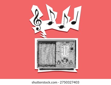 Vector illustration: torn paper scraps. A plywood radio playing music. Pop art  style.