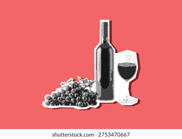 Vector illustration: torn paper scraps. A bottle of wine, a filled glass of wine, and red grapes in pop art style.