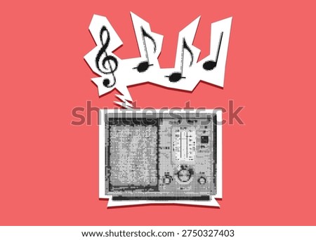 Vector illustration: torn paper scraps. A plywood radio playing music. Pop art  style.