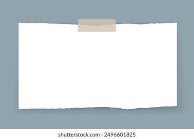 Vector illustration of a torn paper sheet with tape on a gray background. Perfect for note-taking, scrapbooking, and digital design projects.