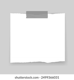 Vector illustration of a torn paper sheet with tape on a gray background. Perfect for note-taking, scrapbooking, and digital design projects.