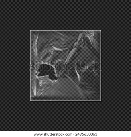 Vector illustration of a torn plastic vinyl wrap. The transparent wrapping is displayed on a checkered background with visible tears and wrinkles, showcasing texture and detail.