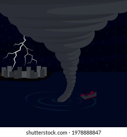Vector illustration of a tornado on the water. Water tornado.