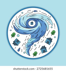 Ilustración vectorial de tornado, tromba de agua, fuerte viento, edificios agrietados y voladores, desastre natural.