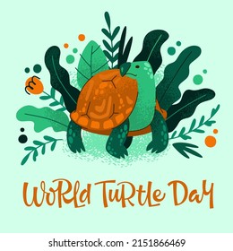Ilustración vectorial de la tortuga en medio de hojas de planta sobre la inscripción del Día Mundial de la Tortuga en el fondo verde