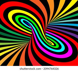 Vector illustration of torus inside view with geometrical hypnotic psychedelic colorful stripes on black background.