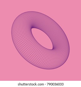 Vector illustration of Torus, surface of revolution generated by revolving a circle in three-dimensional space. Abstract polygonal shape and simple geometric form. Isolated on colored background.