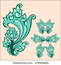 vector illustration, Tosca blue floral ornament, elegant and classic design. flat abstract style.