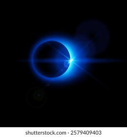 Vector illustration of total lunar or solar eclipse with neon blue glowing ring and bright rays with lens flares. For templates and space graphics. Isolated black background. Space and universe.