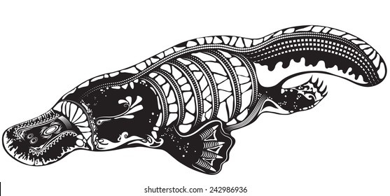 Vector illustration of a totem animal - Platypus - in black and white tattoo style, isolated on white