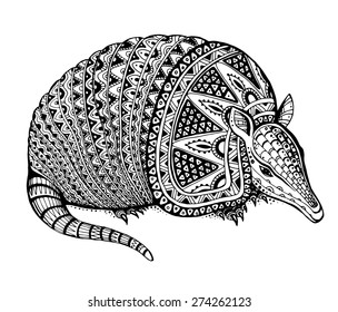 Vector illustration of a totem animal tattoo - armadillo - in graphic black and white style.