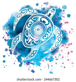 Vector illustration of a totem animal - turtle - in a maori tattoo style on a watercolor background