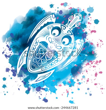 Vector illustration of a totem animal - turtle - in a maori tattoo style on a watercolor background