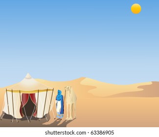 vector illustration of a touareg man and his camel standing by a traditional nomads tent in the arabian desert in eps10 format