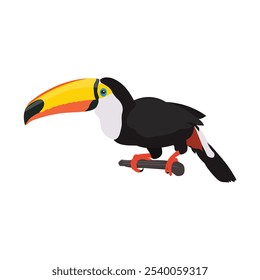 Ilustración vectorial de pájaro tucán en estilo plano de dibujos animados. Solo colorida ave tropical animal salvaje. Mascota Ramphastos toco aislado para recursos digitales, icono, logotipo, etc