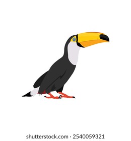 Ilustración vectorial de pájaro tucán en estilo plano de dibujos animados. Solo colorida ave tropical animal salvaje. Mascota Ramphastos toco aislado para recursos digitales, icono, logotipo, etc