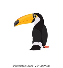 Ilustración vectorial de pájaro tucán en estilo plano de dibujos animados. Solo colorida ave tropical animal salvaje. Mascota Ramphastos toco aislado para recursos digitales, icono, logotipo, etc