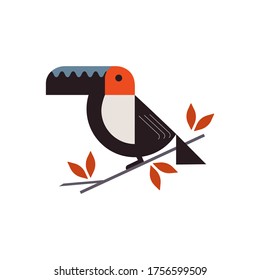 Vector illustration of toucan bird on a branch with geometric patterns on a white background. Logo. Flat design.
