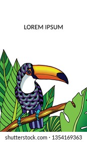 Vector illustration with toucan bird sitting on the branch, surrounded by leaves. Tropical nature bright design element