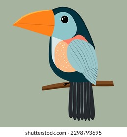 Ilustración vectorial del ave tucana sentada en una rama aislada en un fondo plano