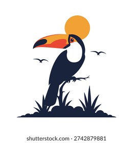 Vector illustration of a toucan bird standing on a branch with a large beak