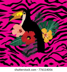 vector illustration of a toucan bird, tropical flowers on pink zebra pattern.