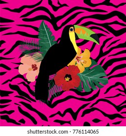 vector illustration of a toucan bird, tropical flowers on pink zebra pattern.