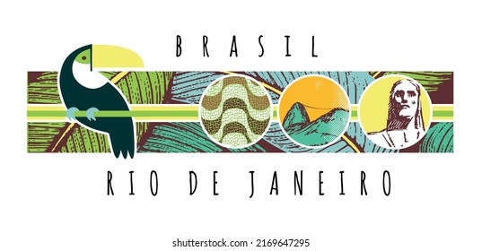 Vector illustration of toucan with elements of the city of Rio de Janeiro, Brazil. Art representing current times.