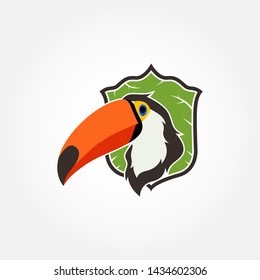 vector illustration toucan logo design on cartoon style on green shield. popular bird from america, brazil. stylized south america travel sign. exotic cute birds symbol - vector