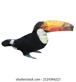 Vector illustration of a toucan in low poly style. Abstract art of animal with polygonal shapes.