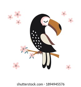 vector illustration of toucan on branch with flowers, cute animals, simple scandinavian style