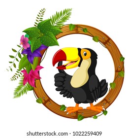 vector illustration of Toucan on round wood frame with flower