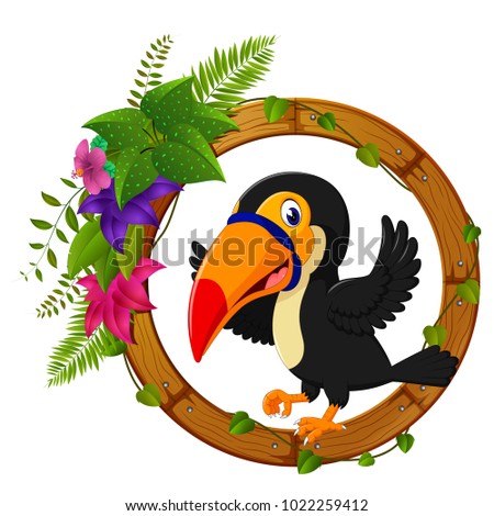vector illustration of Toucan on round wood frame with flower