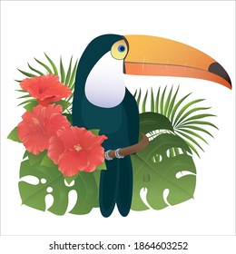 Vector illustration - Toucan, palm, hibiscus flowers, tropical bird.