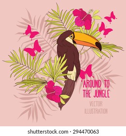 Vector illustration with toucan, palm leaves and butterflies