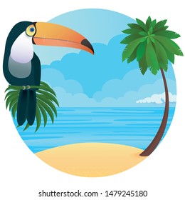 Vector illustration - Toucan, palm, sand, ocean on background. Clouds sky, tropical bird.