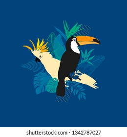 Vector illustration - Toucan, parrot, exotic birds, tropical flowers, palm leaves, bird of paradise