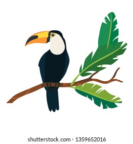 Vector illustration of a toucan sitting on a branch with leaves isolated on a white background.