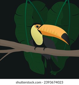 Vector illustration of a toucan sitting on a branch, black background