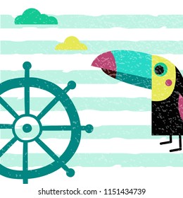 Vector illustration of toucan with steering wheel. Banner with toucan bird (flat design style) isolated on striped background. Cartoon illustration for card, prints, calendar, sticker, invitation.