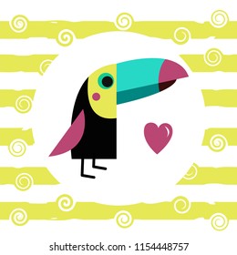 Vector illustration of toucan. Summer vacation and travel poster. Cartoon flat style vector illustration. Design for covers, cards, envelopes, flyers.