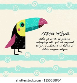 Vector illustration of toucan. Summer vacation and travel poster. Cartoon flat style vector illustration. Design for covers, cards, envelopes, flyers.