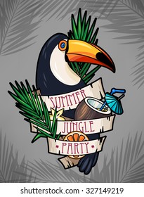 Vector illustration of toucan and tropical cocktail