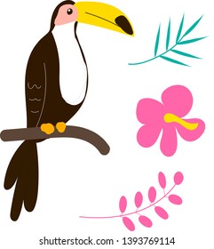 vector illustration toucan and tropical flowers and branches. tropical birds