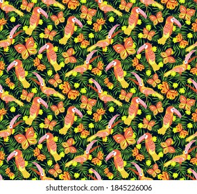 Vector illustration with toucans and butterflies. Hand drawn drawing about birds and insects. Seamless pattern for boys and girls. Children's design template for fabrics and textiles.