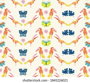 Vector illustration with toucans and butterflies. Hand drawn drawing about birds and insects. Seamless pattern for boys and girls. Children's design template for fabrics and textiles.