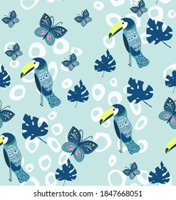 Vector illustration with toucans and butterflies. Hand drawn drawing about birds and insects. Seamless pattern for boys and girls. Children's design template for fabrics and textiles.