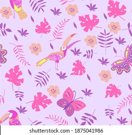 Vector illustration with toucans and butterflies. Hand drawn drawing about birds and insects. Seamless pattern for boys and girls. Children's design template for fabrics and textiles